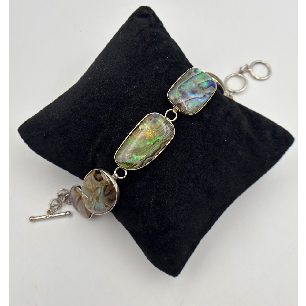 Vintage Lucas Lameth Sterling Silver Abalone Bracelet LUC 925 Signed Toggle Link